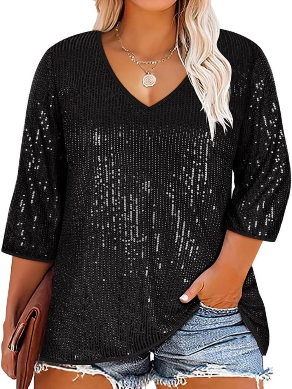 Plus Size Sequin Blouse for Women | 3/4 Sleeve Glitter Tunic for Evening